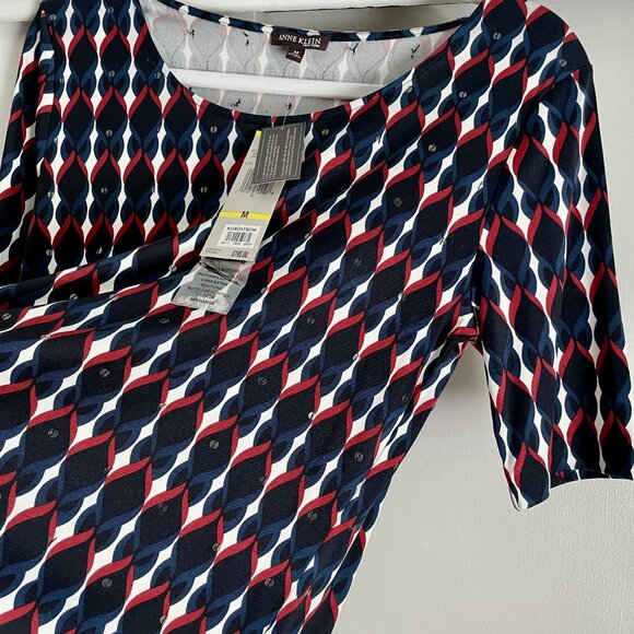 Anne Klein New York Silk Print Short Sleeve Stretch Top Size M Red Blue Sequins - Picture 10 of 15